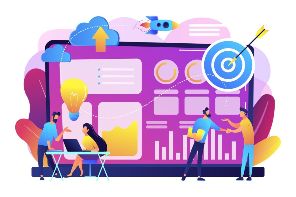 tiny business analysts discussing ideas laptop with data data initiative occupation metadata study data driven startup concept bright vibrant violet isolated illustration 335657 1003
